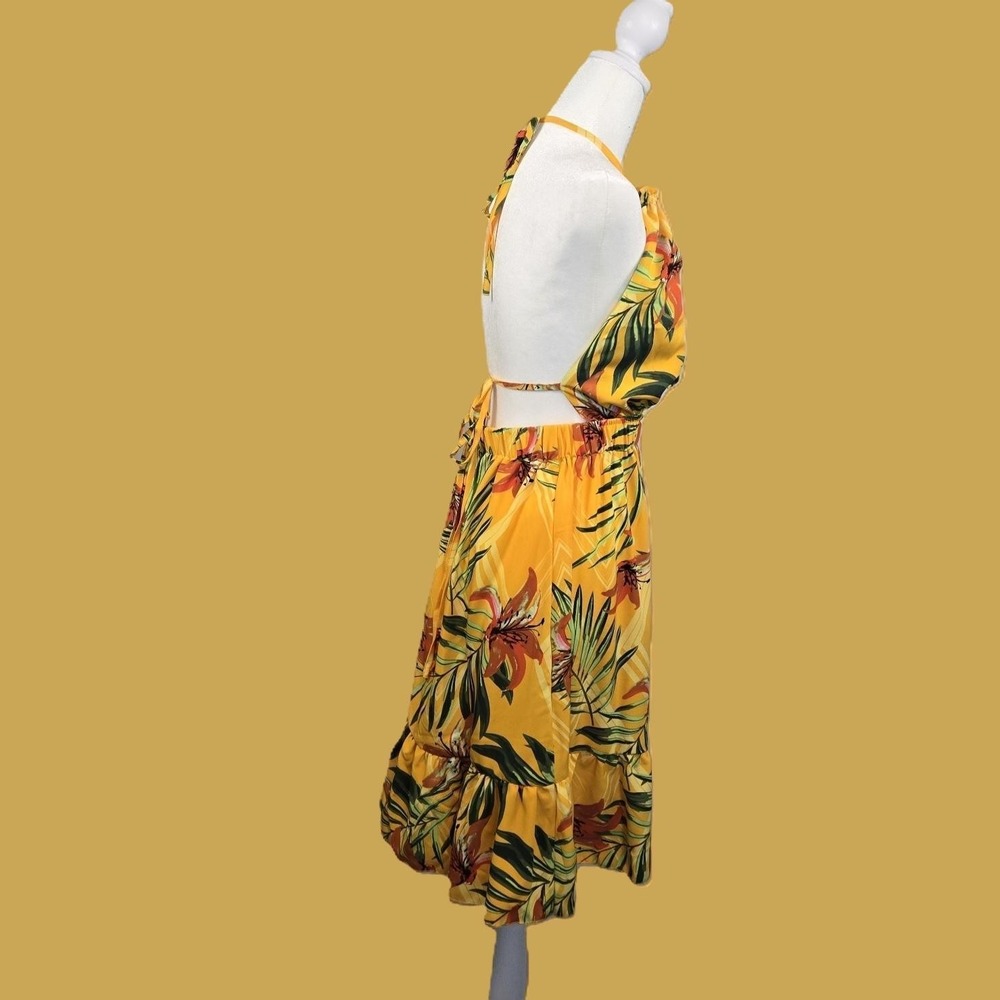 Yellow Floral Halter Dress Tropical Print Open Back Ruffle Bottom - Picture 3 of 9